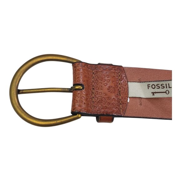 Fossil Boho Embossed Leather Belt Brass Buckle Brown Fits Waist 31-35" 1.75" - Picture 6 of 12